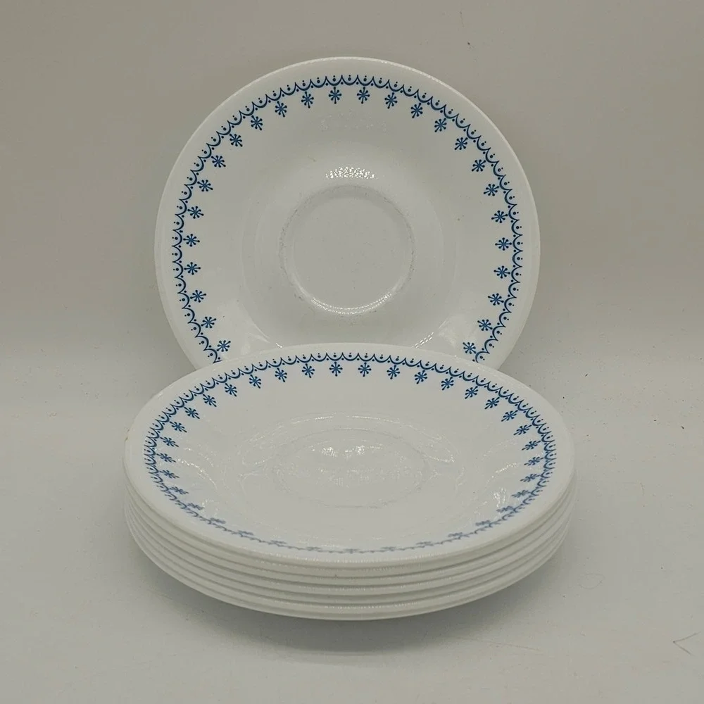 8 Vintage CORELLE Snowflake Garland Blue Saucers 6.25